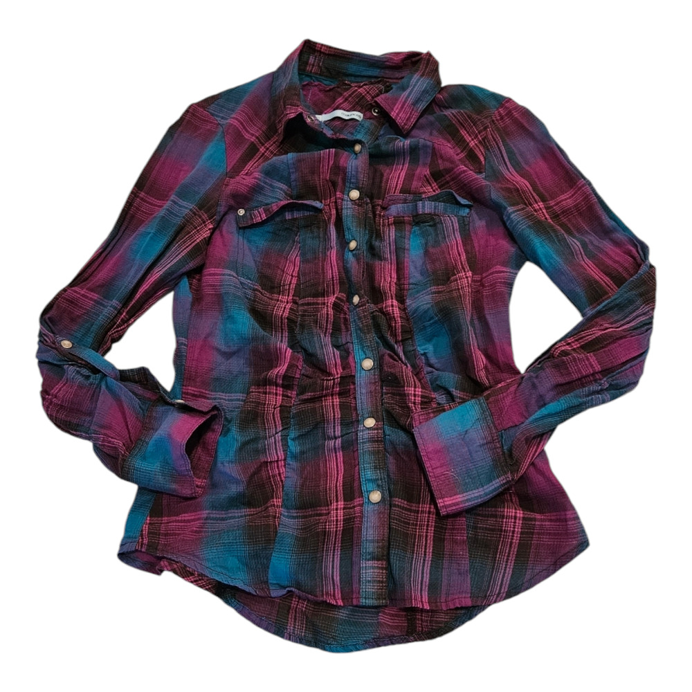 Maurices Women Size Small Purple and Blue Plaid Long Sleeve Snap Up Shirt